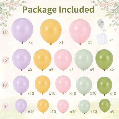 Dusty Green Pink and Purple Balloons Arch Kit, Pastel Balloon Arch Kit with Dusty Olive Green Light Pink Purple Mustard Yellow Balloons for Wildflower Graden Fairy Birthday Tea Party Decoration