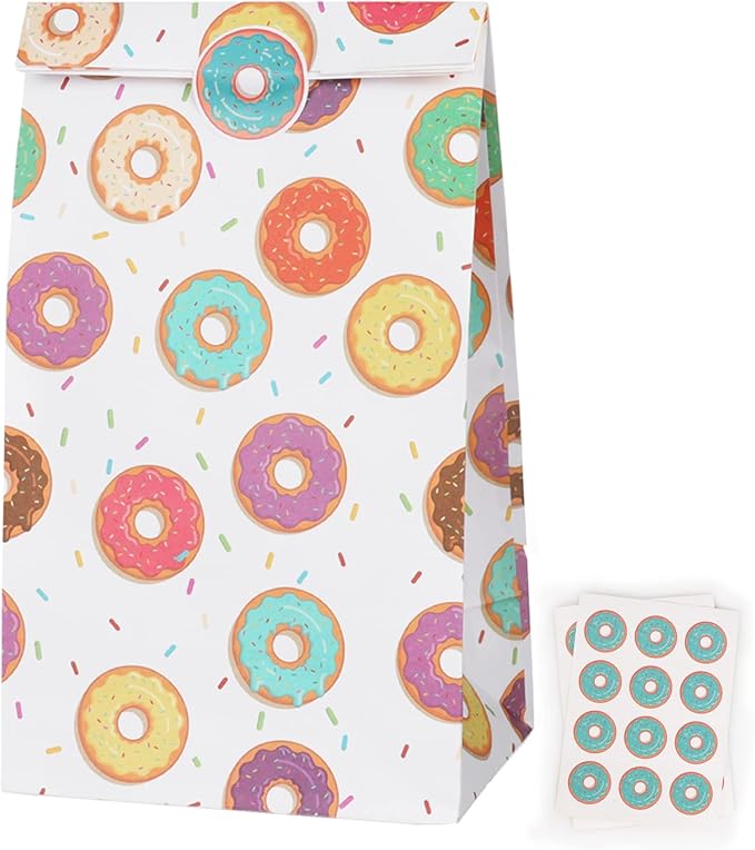 Fowecelt 24 Pack Donut Party Favor Bags Sweet Doughnut Goodie Candy Treat Bag for kids Birthday Party Baby Shower Decoration Supplies