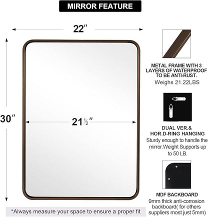 ANDY STAR Bronze Bathroom Mirror, 22X30’’ Bronze Mirrors for Wall, Rounded Rectangle Mirror for Bathroom Vanity Metal Framed, HD Reflection, Wall-Mounted Vertically or Horizontally