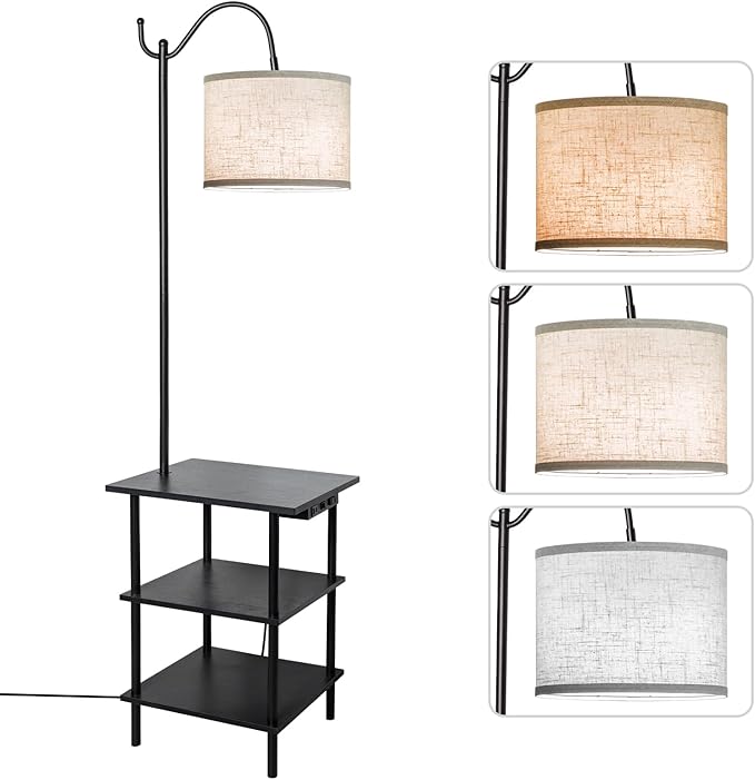 EOEYYOYB Floor Lamp with 3-Tier Shelves, End Table Lamp with USB Charging Port Power Outlet, Side Table Reading Light with 3 Color Temperature Led Bulb Included, Floor Lamps for Living Room, Black