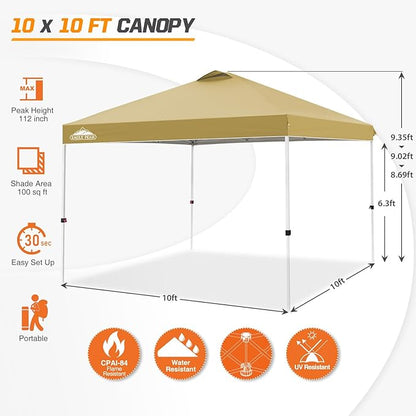 EAGLE PEAK Pop Up Canopy Tent with Wheeled Carry Bag, 8 Stakes, 4 Ropes, 4 Weight Bags, Easy Set Up Tent Canopy, 10x10 ft, 100sqft of Shade, Beige