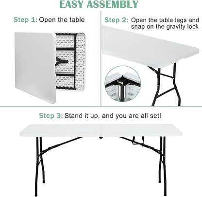 Plastic Folding Table 6ft Heavy Duty Foldable Utility Table with Carrying Handle for Camping Picnic BBQ Party Banquet Backyard, 500LBS Capacity, White