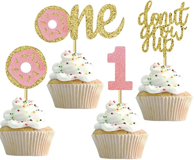 24 Pcs Donut First Birthday Cupcake Toppers 1st Birthday Party Decoration Cake Supplies (4 Styles) MGPFERD