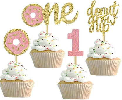 24 Pcs Donut First Birthday Cupcake Toppers 1st Birthday Party Decoration Cake Supplies (4 Styles) MGPFERD