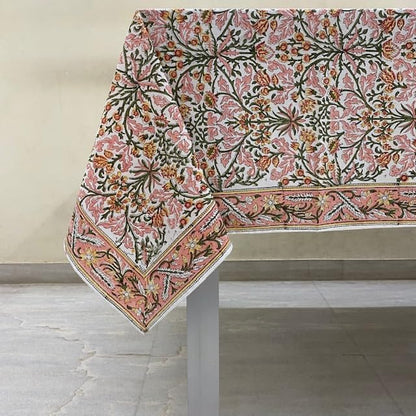 Ridhi Sassy Salmon and Emerald Green Hand Block Print Cotton Cloth Dinning Table Cover Wedding Farmhouse Thanksgiving Christmas Spring Fall Tablecloth 4 Seater 60x60 Inches Square