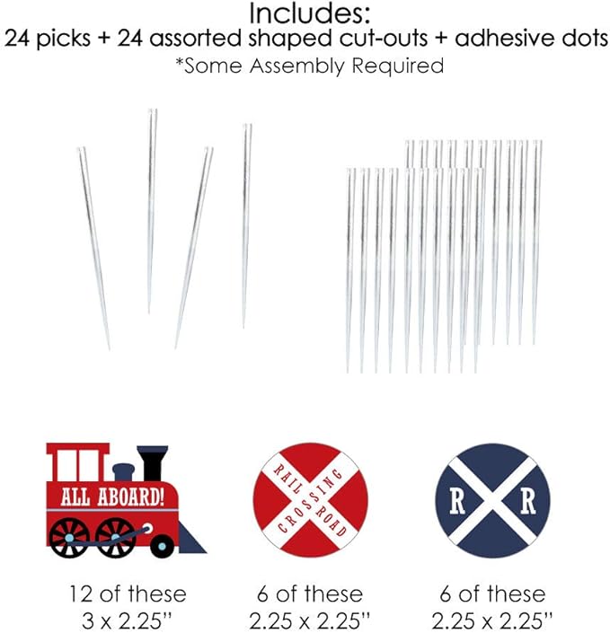 Big Dot of Happiness Railroad Party Crossing - Dessert Cupcake Toppers - Steam Train Birthday Party or Baby Shower Clear Treat Picks - Set of 24
