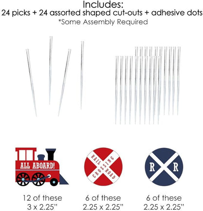 Big Dot of Happiness Railroad Party Crossing - Dessert Cupcake Toppers - Steam Train Birthday Party or Baby Shower Clear Treat Picks - Set of 24