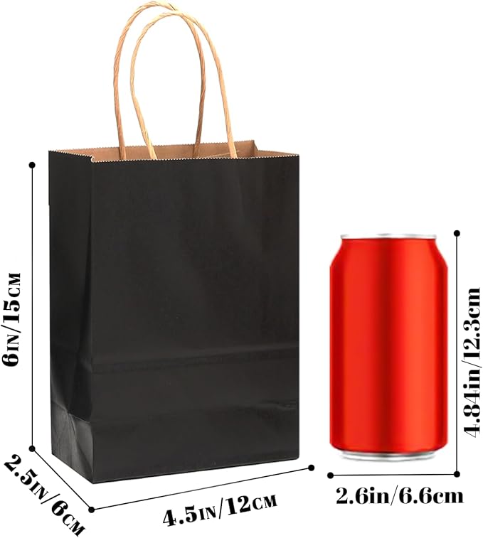 qiqee 25 Pcs Black Mini Paper Gift Bags 6"x4.5"x2.5" with Handles Small Brown Kraft Party Favor Treat Bags Multiple Uses (Mini size)