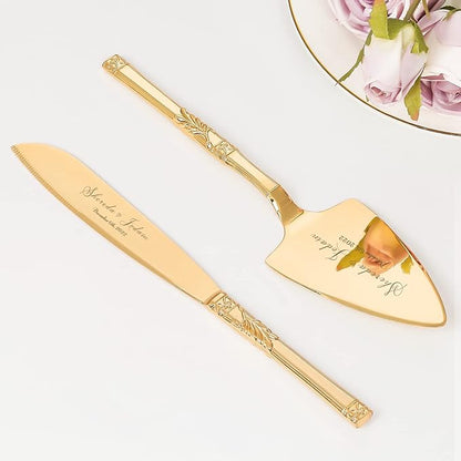 TUKDAK Cake Cutting Set for Wedding, Personalized Gold Cake Knife and Server Set, Custom Cake Serving Set, Engraved Pastry Pie Server Cake Pizza Cutter, Birthday Bridal Gift (CUS-Classic)