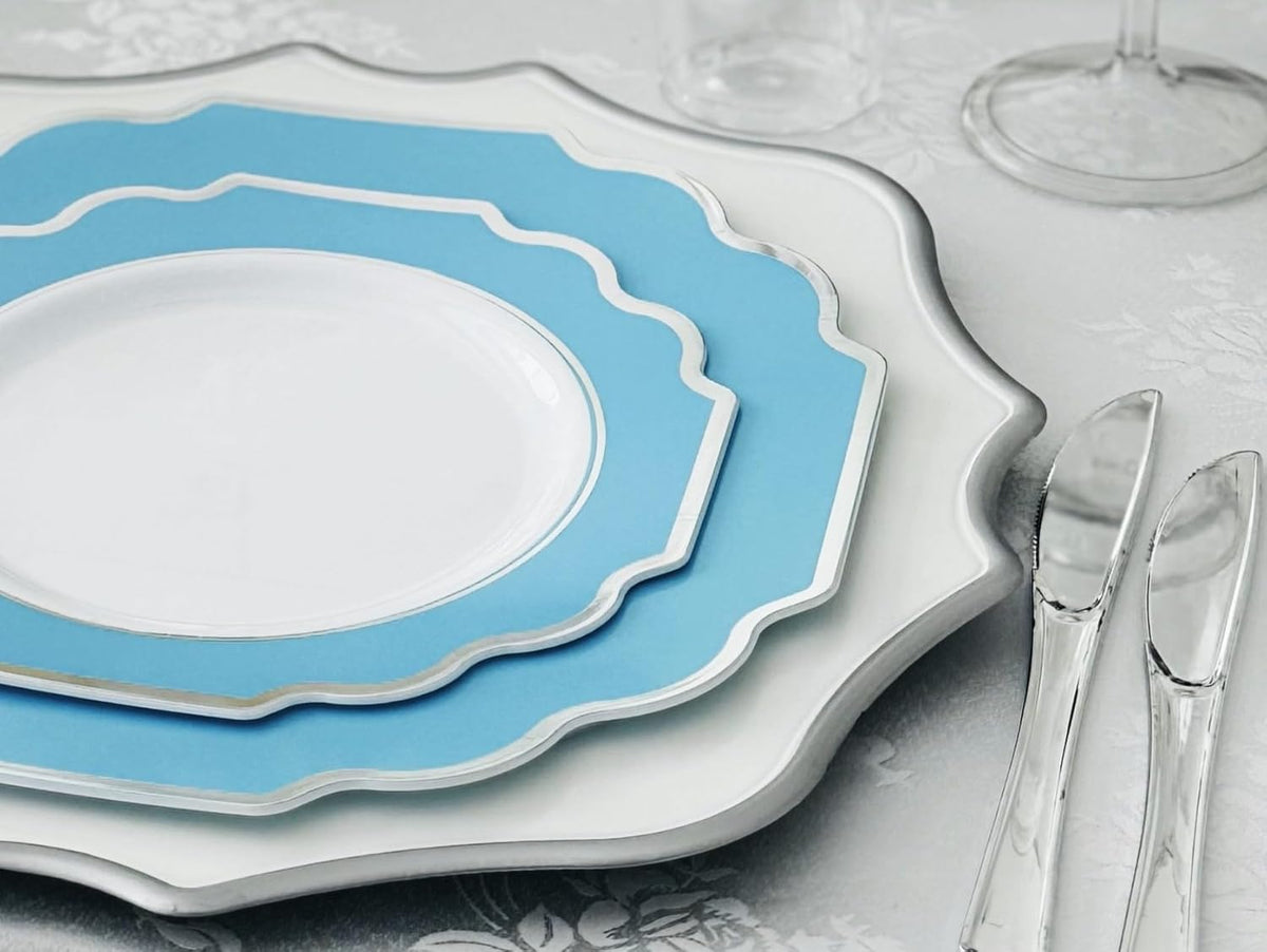 " OCCASIONS " 120 Plates Pack,(60 Guests) Heavyweight Premium Wedding Party Disposable Plastic Plates -60 x10.5'' Dinner + 60 x 8'' Salad/Dessert (Imperial Aqua & Silver)