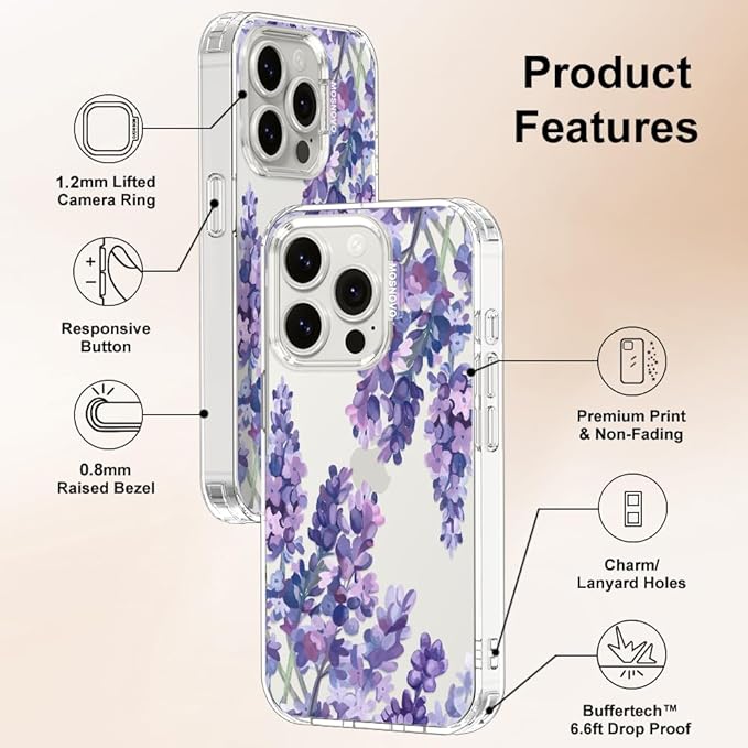 MOSNOVO Case for iPhone 15 Pro, [Buffertech 6.6ft Military-Grade Drop Protection] [Anti Peel Off Tech] Clear TPU Bumper Phone Case Cover Design - Lavender