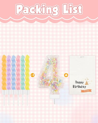 Birthday Candles for Cake, Pink Number Candles, Cake Candles with Greeting Card for Birthday Party Wedding Anniversary Celebrations（4 Candle,White Number Macaron）