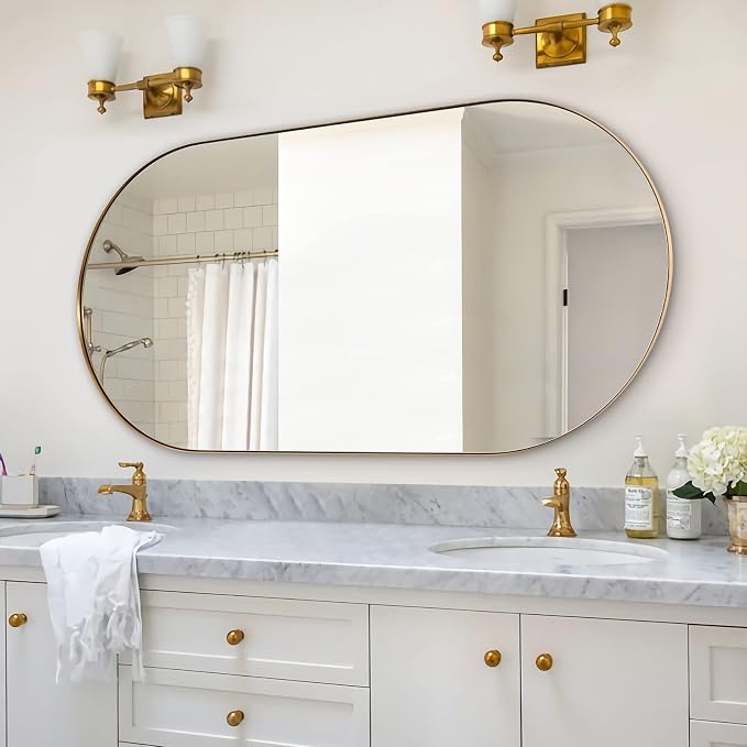 ANDY STAR Gold Bathroom Mirror 60 x 30 Inch, Full Length Mirror, Oval Vanity Mirror, Pill Shaped Mirror in Stainless Steel 1’’ Deep Wall Mounted Vertical/Horizontal