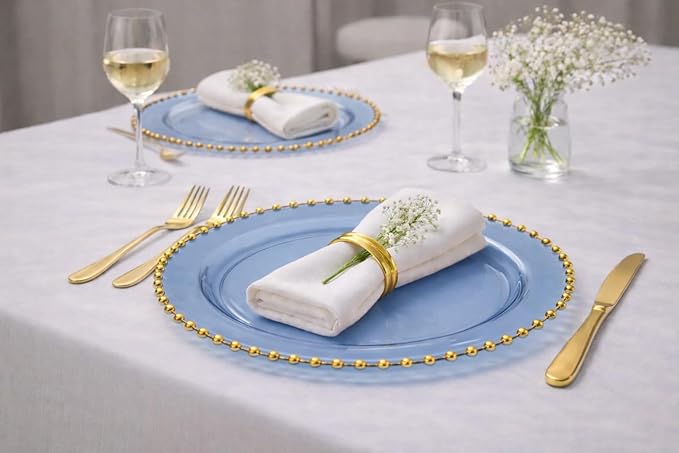 PLASTICPRO Translucent Blue with Gold Rim Plastic Charger Plates with Beaded Edge – Pack of 8 – 13" Elegant Round Disposable Chargers for Weddings, Events, Parties, and Dinners