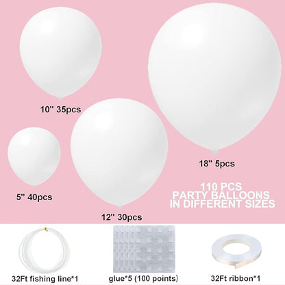 White Balloon Garland Arch Kit - 110 Pcs Matte Latex Balloons in 5/10/12/18 Inch Sizes for Baby Showers, Birthdays, Weddings, Christmas & Parties