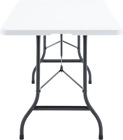 VECELO 6Ft Folding Table,Indoor Outdoor Portable Picnic Plastic Table with Mesh Trash Bag,Heavy Duty Foldable Camp Desk with Handle Legs for Dining Wedding&Party,Pearl White