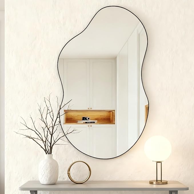 SHYFOY Irregular Decorative Wall Mirror, 20"x36" Black Asymmetrical Mirrors with Metal Frame for Wall Decor, Wavy Wall Mirror for Living Room Abstract Mirror