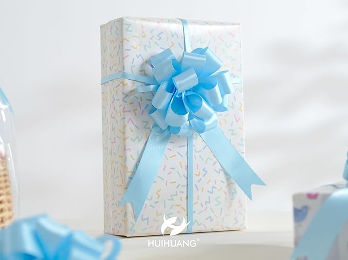 HUIHUANG Blue Bows for Gift Wrapping 12 PCS Baby Blue Pull Bows 4 inch Satin Gift Bow for Presents, Gift Basket, Paper Bag, Baby Shower Favors, Wrapping Accessories, Wedding Holiday Decor