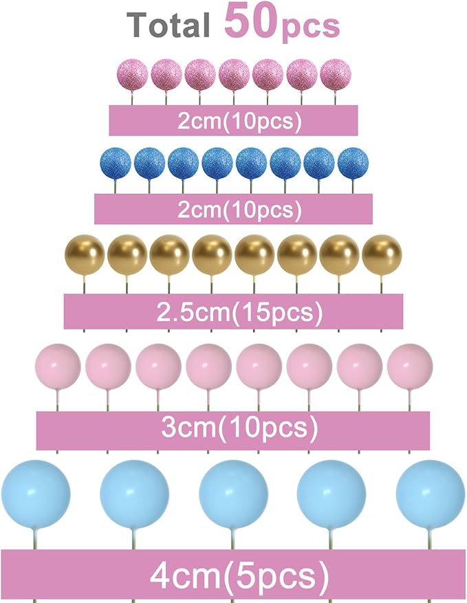 ASTARON 50 Pcs Ball Cake Topper Sticks Mini Balloons for Cake Decorating Supplies Foam Balls Cake decorations for Baby Shower Cake Birthday Cake Toppers Decorations (Pink Blue Series)