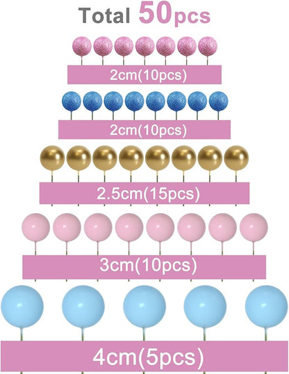 ASTARON 50 Pcs Ball Cake Topper Sticks Mini Balloons for Cake Decorating Supplies Foam Balls Cake decorations for Baby Shower Cake Birthday Cake Toppers Decorations (Pink Blue Series)