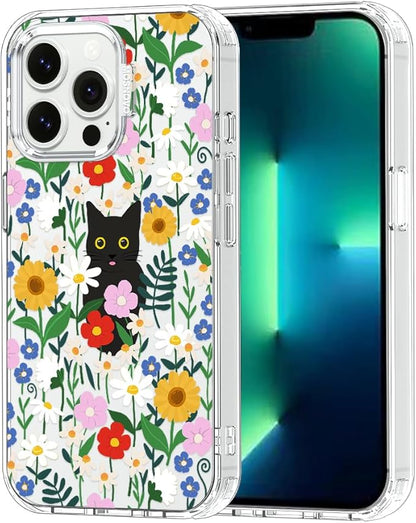 MOSNOVO Case for iPhone 13 Pro, [Buffertech 6.6ft Military-Grade Drop Protection] [Anti Peel Off Tech] Clear TPU Bumper Phone Case Cover Design - Black Cat in Garden