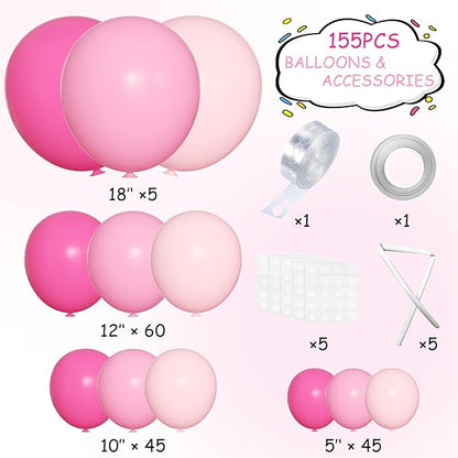 MEBAY Pink Balloon Garland Arch Kit, 155 Pcs Different Shades of Pink Balloons for Girls Women Princess Birthday Bridal Baby Shower Wedding Party Decorations
