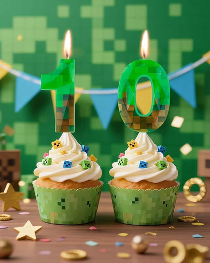 Pixel Birthday Candle, 2.68 Inch Miner Number Candles, Game Themed Candle Birthday Decoration for Pixel Theme Birthday Anniversary Dynamite Video Game Party (Green, 10)