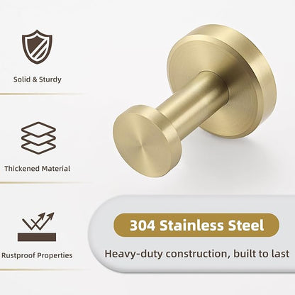 APLusee Brushed Gold Single Robe Wall Hook, 304 Stainless Steel Heavy Duty 11LBS Towel Hanger, Wall Mounted Towel Hook for Bathroom Kitchen Entryway