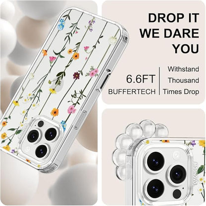 MOSNOVO Case for iPhone 16 Pro Max, [Buffertech 6.6ft Military-Grade Drop Protection] [Anti Peel Off Tech] Clear TPU Bumper Phone Case Cover Design - Wildflowers