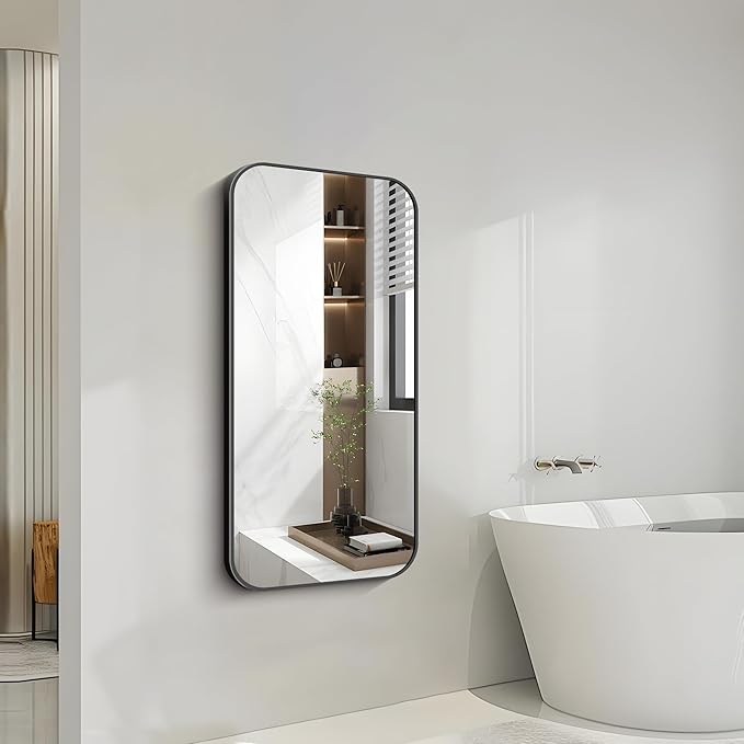 FORBATH Bathroom Mirror 20" x 40", Rectangle Black Bathroom Mirror with Black Aluminum Frame Rounded Corner, Wall Mounted Mirror for Bedroom Entryway Living Room