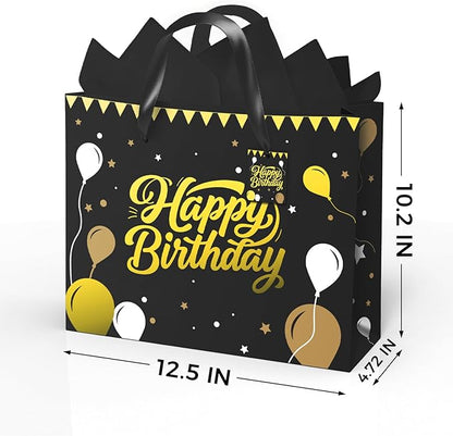 Black Birthday Gift Bag for Men – 12.5 Inch Medium Size with Tissue Paper and Greeting Card – Perfect for Boyfriend, Husband or Dad (1 Piece, Foil Stamping)