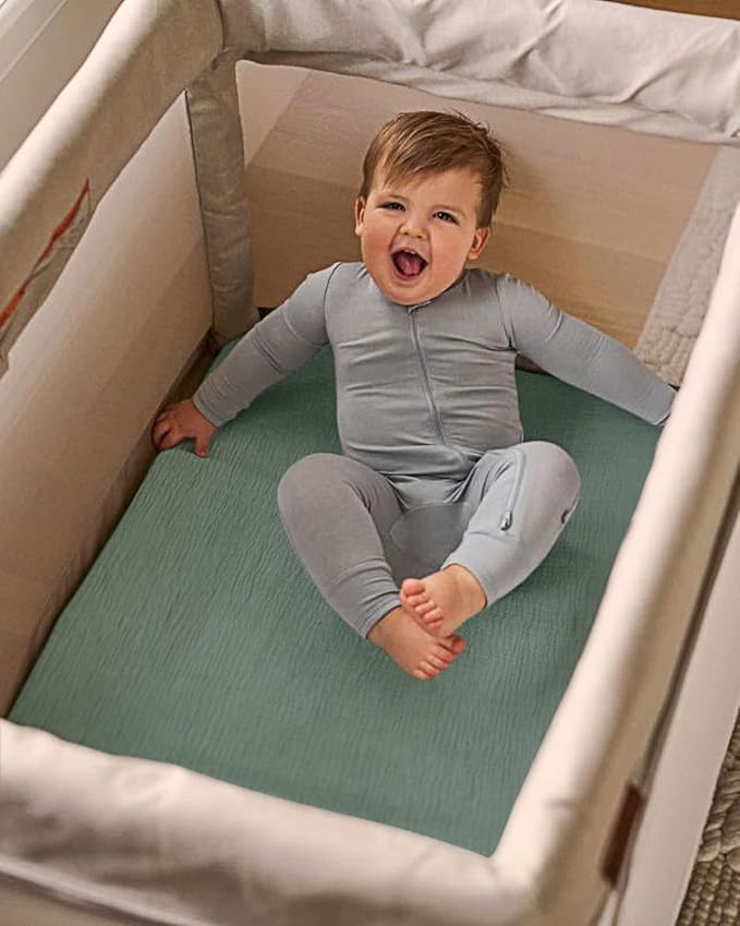 Blissful Diary Muslin Mini Crib Sheets, Pack and Play Mattress Sheets Fitted for Pack N Play, Soft Cotton for Boys Girls, 2 Pack(Roman Green&Leaf)