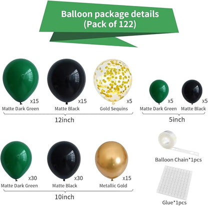Dark Green Black Gold Balloon Garland Arch Kit, 122PCS Black Dark Green Metallic Gold Confetti Balloon for Jungle Birthday Wedding Anniversary Retirement Graduation Football Army Camo Party Decoration