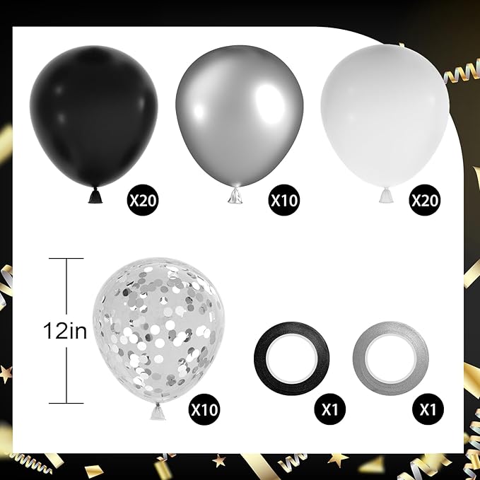 NACHLYNN 60 Packs Black and Silver Party Confetti Balloons 12 Inches Latex Balloons for Graduation Decorations Baby Shower Wedding Party Decorations
