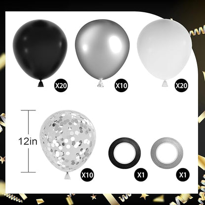 NACHLYNN 60 Packs Black and Silver Party Confetti Balloons 12 Inches Latex Balloons for Graduation Decorations Baby Shower Wedding Party Decorations