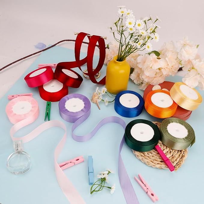 Rainbow Ribbon Assortment - 10 Rolls, 1 Inch, Pastel & Red, Colorful, Perfect for Crafts, Hair Bows, Graduation & Bachelorette Parties