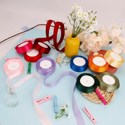 Rainbow Ribbon Assortment - 10 Rolls, 1 Inch, Pastel & Red, Colorful, Perfect for Crafts, Hair Bows, Graduation & Bachelorette Parties