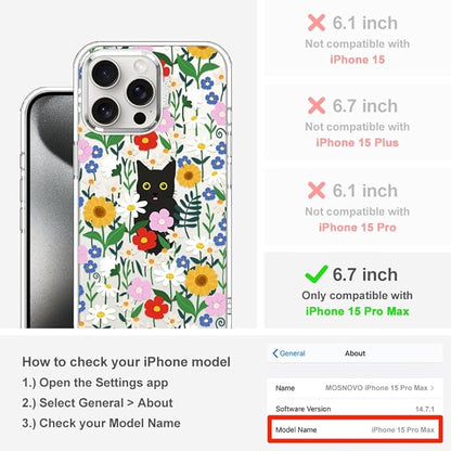 MOSNOVO Case for iPhone 15 Pro Max, [Buffertech 6.6ft Military-Grade Drop Protection] [Anti Peel Off Tech] Clear TPU Bumper Phone Case Cover Design - Black Cat in Garden