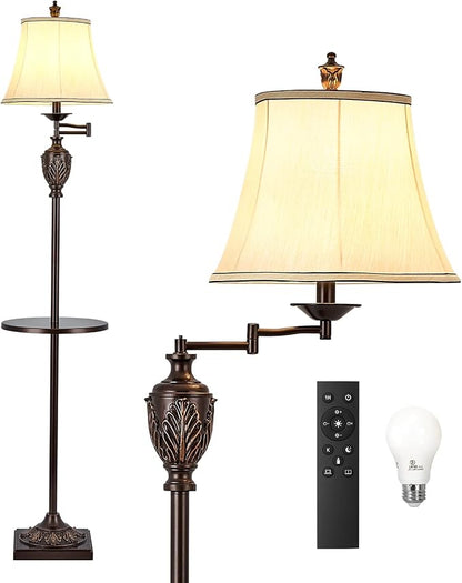 Traditional LED Floor Lamp with 350° Adjustable Swing Arm Lamp – Vintage Standing Pole lamp for Living Room, Bedroom and Office – Rustic Upright Floor Light for Home Décor with Silk Fabric Shade
