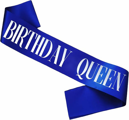 Birthday Queen Sash, Silver Foil Royal Blue Birthday Sash for Women 21st 30th 40th 50th 60th 70th Fun Birthday Party Favors Gifts Decorations