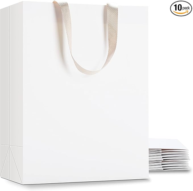 White Kraft Bags with Handles, 10Pcs 10"x5"x13" Large White Paper Gift Bags, Wedding & Birthday Occasion
