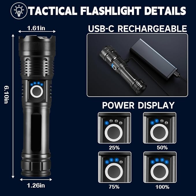 3Pack Rechargeable Flashlights High Lumens, 5Modes LED Flashlight Rechargeable, Super Bright Flashlight High Powered, Adjustable Tactical Flashlight, Powerful Flash Light for Home Emergencies