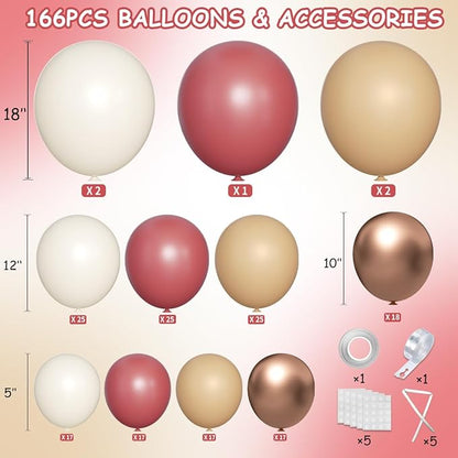 MEBAY Red Brown White Gold Balloon Arch Kit, 166Pcs Boho Ruby Red Balloons Garland for Valentine's Day Wedding Bachelorette Birthday Mother's Day Graduation Party Decoration
