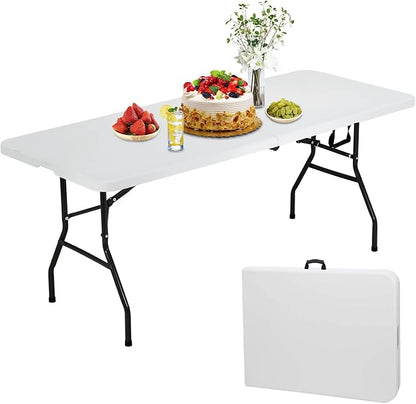 Plastic Folding Table 6ft Heavy Duty Foldable Utility Table with Carrying Handle for Camping Picnic BBQ Party Banquet Backyard, 500LBS Capacity, White