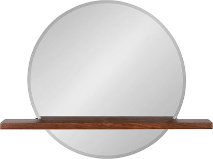 Kate and Laurel Fossett Frameless Round Wall Mirror, 24 Inch Diameter, Walnut Brown, Decorative Functional Mirror with Shelf for Storage and Display