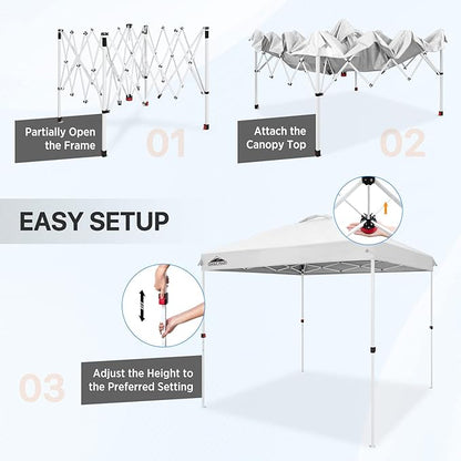 EAGLE PEAK Pop Up Canopy Tent with Wheeled Carry Bag, 8 Stakes, 4 Ropes, Easy Set Up Tent Canopy, 8x8 ft, White