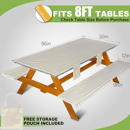 Picnic Table Cover with Bench Covers Vinyl Elastic Edges Fitted Rectangle Seat Tables Waterproof 3-Piece96X30in Set Outdoor Rectangular Folding Backing Tablecloth for Camping Over Size