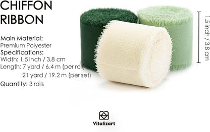 Vitalizart Handmade Chiffon Silk Ribbon Fringe Green & Cream 1.5" x 21 Yd Frayed Edges Ribbons for Wedding Invitations Bridal Bouquets Gifts Wrapping Crafts Holiday Party Decorations