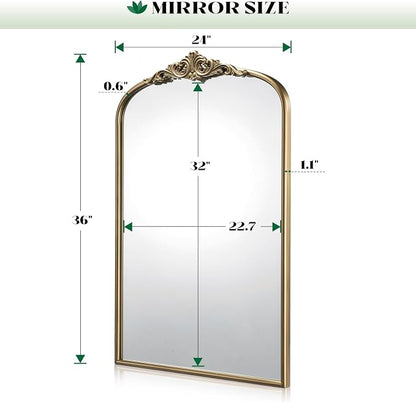 Vintage Mirror, 24"x36" Antique Gold Bathroom Arched Wall Mirrors, Ornate Arch Brass Baroque Mirror Over Sink, Bedroom, Fireplace, Entryway, Living Room, Hanging or Leaning