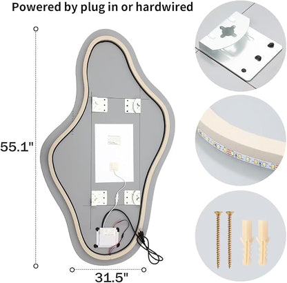 55″x31.5″ Modern Irregular LED Bathroom Mirror with Lights, Asymmetrical Frameless Smart Lighted Wall Mirror for Living Room Entryway, Large Decorative Makeup Vanity Mirror with Touch Switch